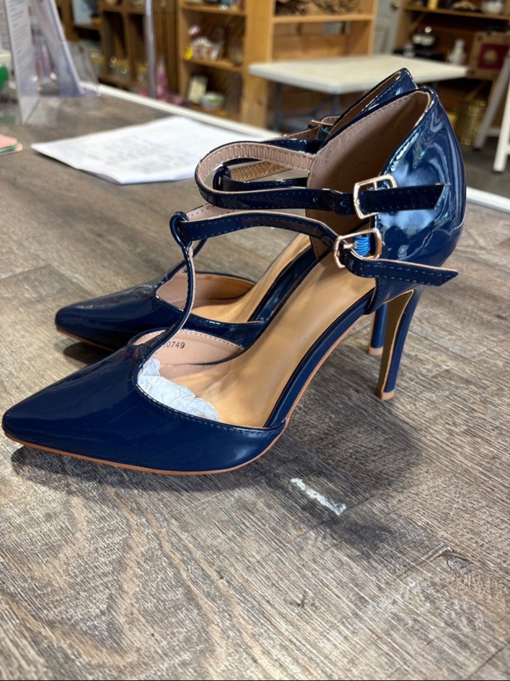 Patent Navy Pointed-Toe Strappy Heels